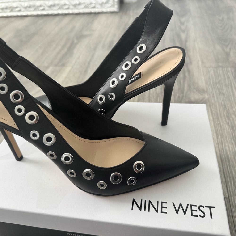 Nine West Black Slingback Heels with Silver Grommet Detail